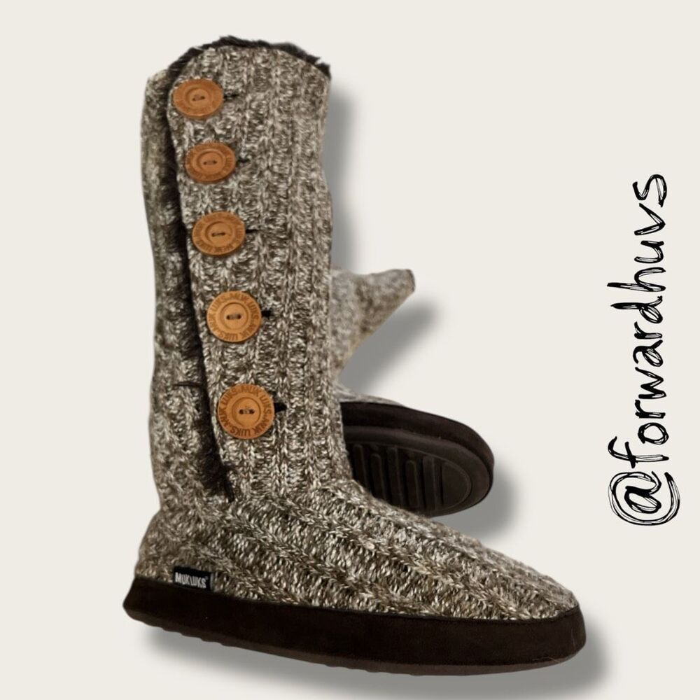 Muk Luks Knit Button Slipper Boots – Size Large (9–10) – Faux Fur Lined